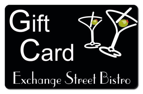 white gift card text and exchange street bistro martini logo on a black background